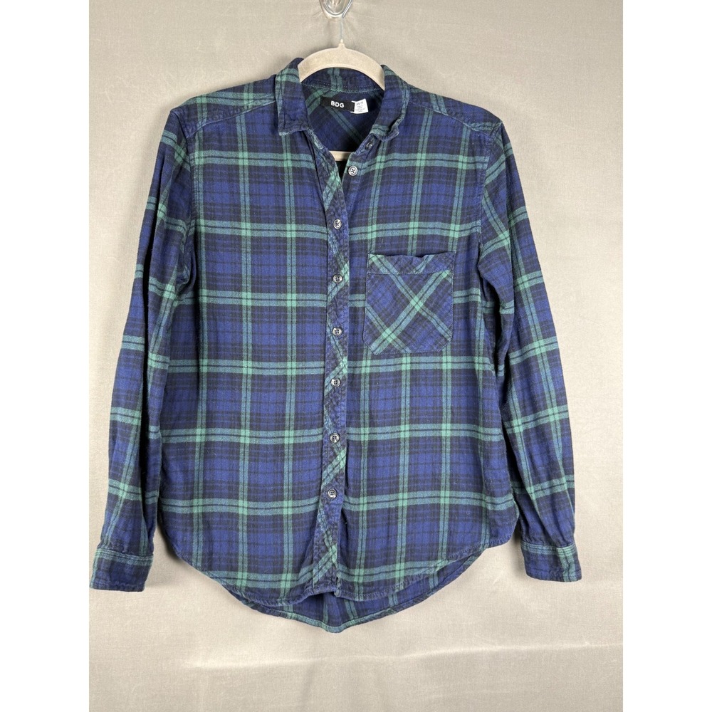 BDG Flannel Shirt Womens XS Blue Green Plaid Button Up Long Sleeve Cotton